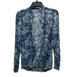 Tahari Women's Blue White Watercolor Semi Sheer Deep V-neck LS Wrap Blouse‎ Sz S